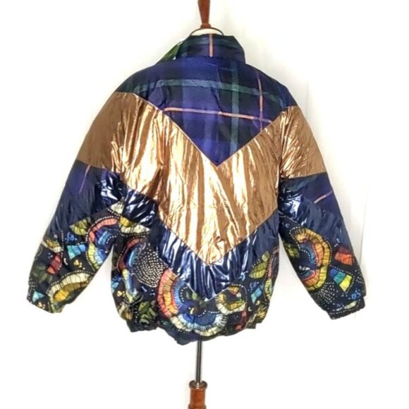 FARM RIO Puffer Jacket M Reversible Borogodo Metallic Floral Tropical Winter - Picture 5 of 15